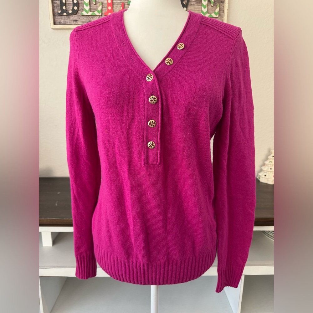 Tory Burch Wool Viscose Cashmere Pink V Neck‎ Sweater Gold Logo Buttons Size S O